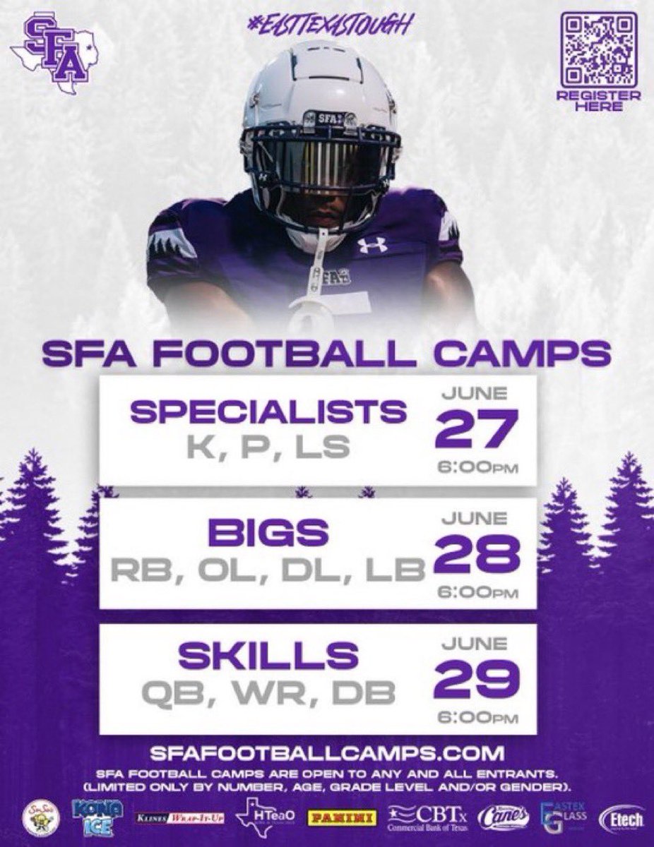Opportunities don’t just come knocking. You have to create them. 

Elite Effort.
Elite Character.
Elite Performance.
Elite Competitiveness.

Looking for players with a “Anytime, any place” mentality!

SFAFootballCamps.com
