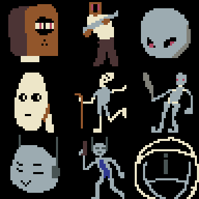 Prática pixel art 26/06:

Fiz alguns personagens (e retrato dos mesmos) que desenhei no meu caderninho durante os intervalos do trabalho.
Sono do caramba.

#aseprite #pixelart