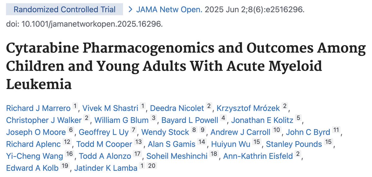 UChicagoLeuk's tweet image. check out this new manuscript featuring @DrWendyStock as co-author that looks at cytarabine pharmacogenomics in children/AYAs with AML
pubmed.ncbi.nlm.nih.gov/40549387/