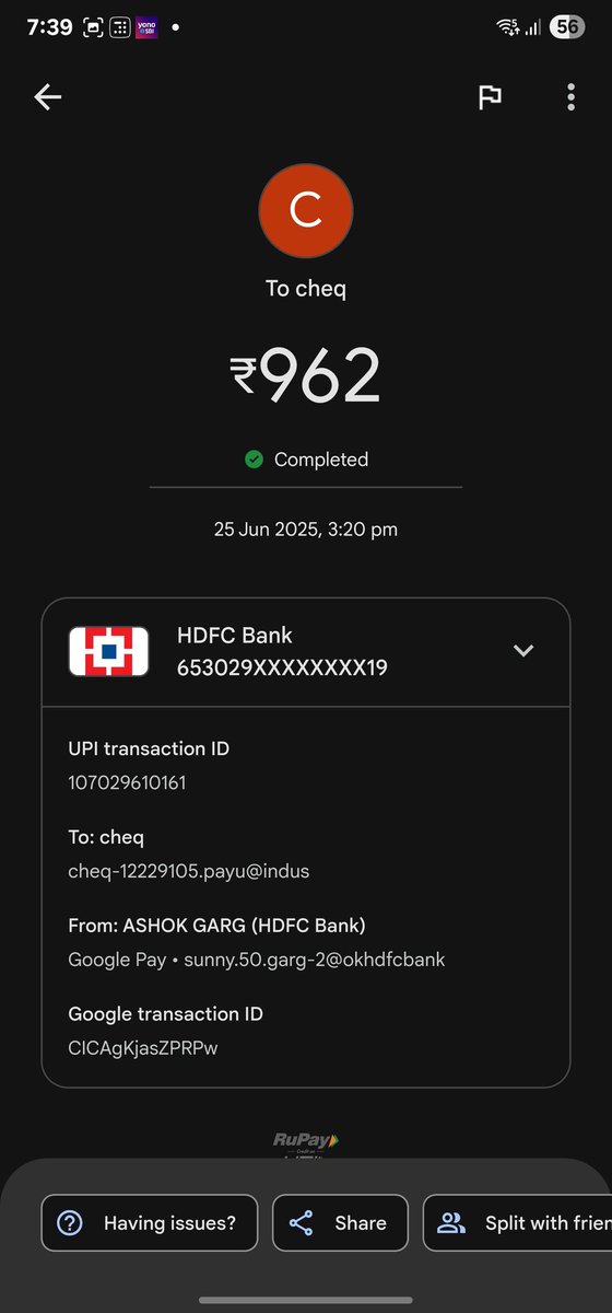 itssunny50's tweet photo. @GooglePayIndia @CheQ_One this transaction of 962 was failed still not reflecting anywhere in my card statement request you to pls refund me back as payment was not completed. https://t.co/RcHkBsSdvp