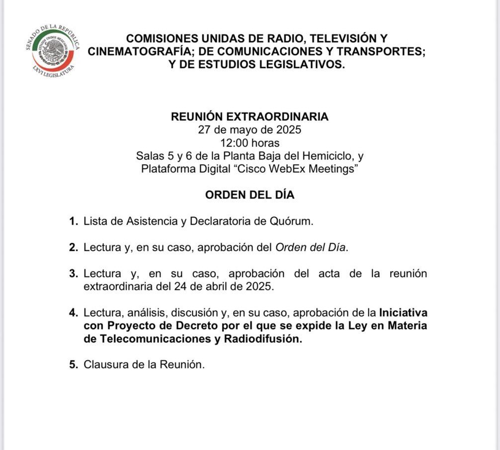 Leti RoblesdelaRosa (@letroblesrosa) on Twitter photo Creo que una de las sesiones de comisiones más esperada es la que aprobará la nueva ley de telecomunicaciones.
Será mañana al medio día en el <a href="/senadomexicano/">Senado de México</a> , aunque la convocatoria dice “mayo”. 🤓 Creo que una de las sesiones de comisiones más esperada es la que aprobará la nueva ley de telecomunicaciones.
Será mañana al medio día en el <a href="/senadomexicano/">Senado de México</a> , aunque la convocatoria dice “mayo”. 🤓
