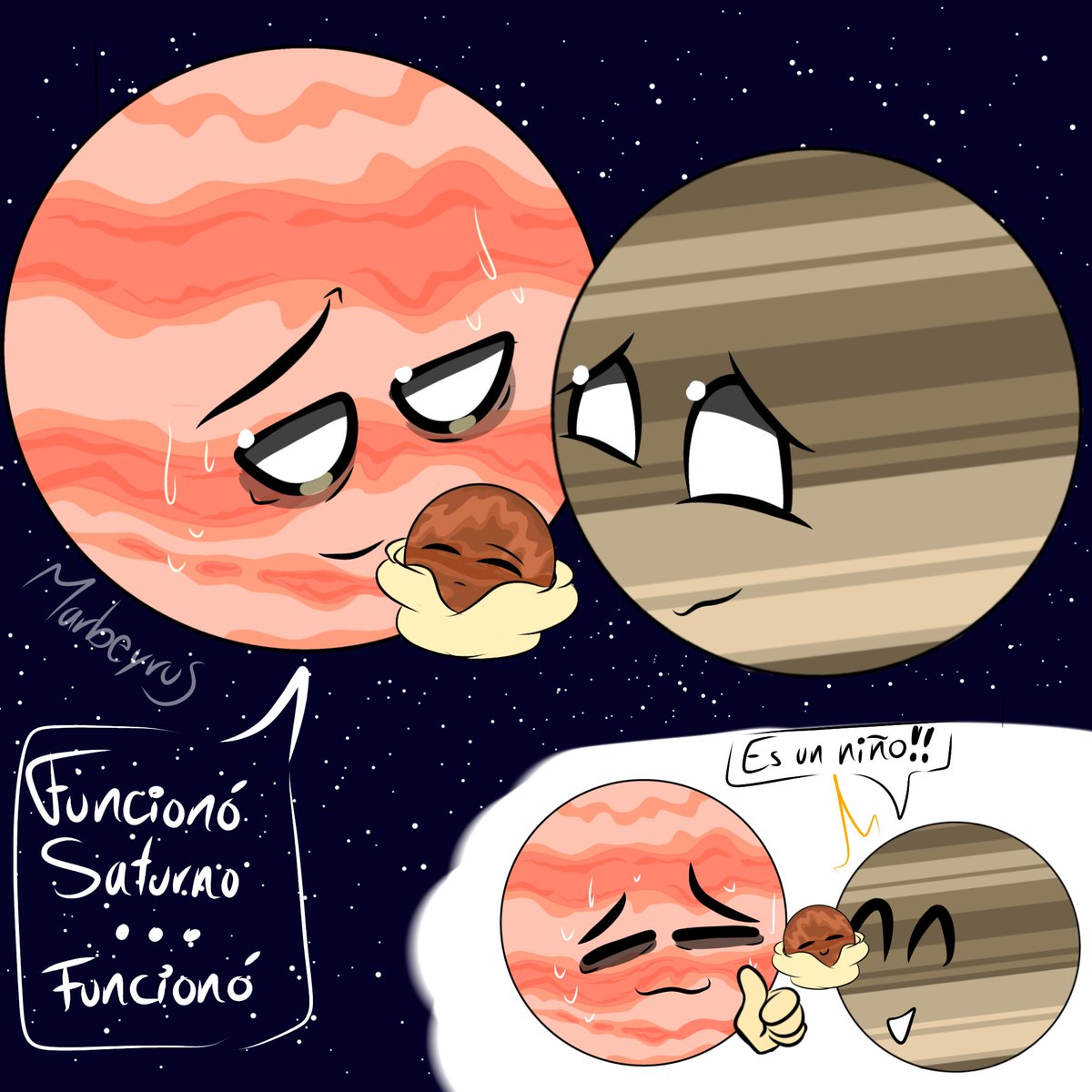 Amor planetario 🪐💕✨ (júpiterxSaturno nuestros papis)

No se porque pero parecían una pareja qué intentaban tener un bebé xd 😭✨
(me imagino al júpiter todo madreado por el esfuerzo de cuidar el cinturón de asteroides jajaja)

#solarballsnsfw  #solarballart #solarballs