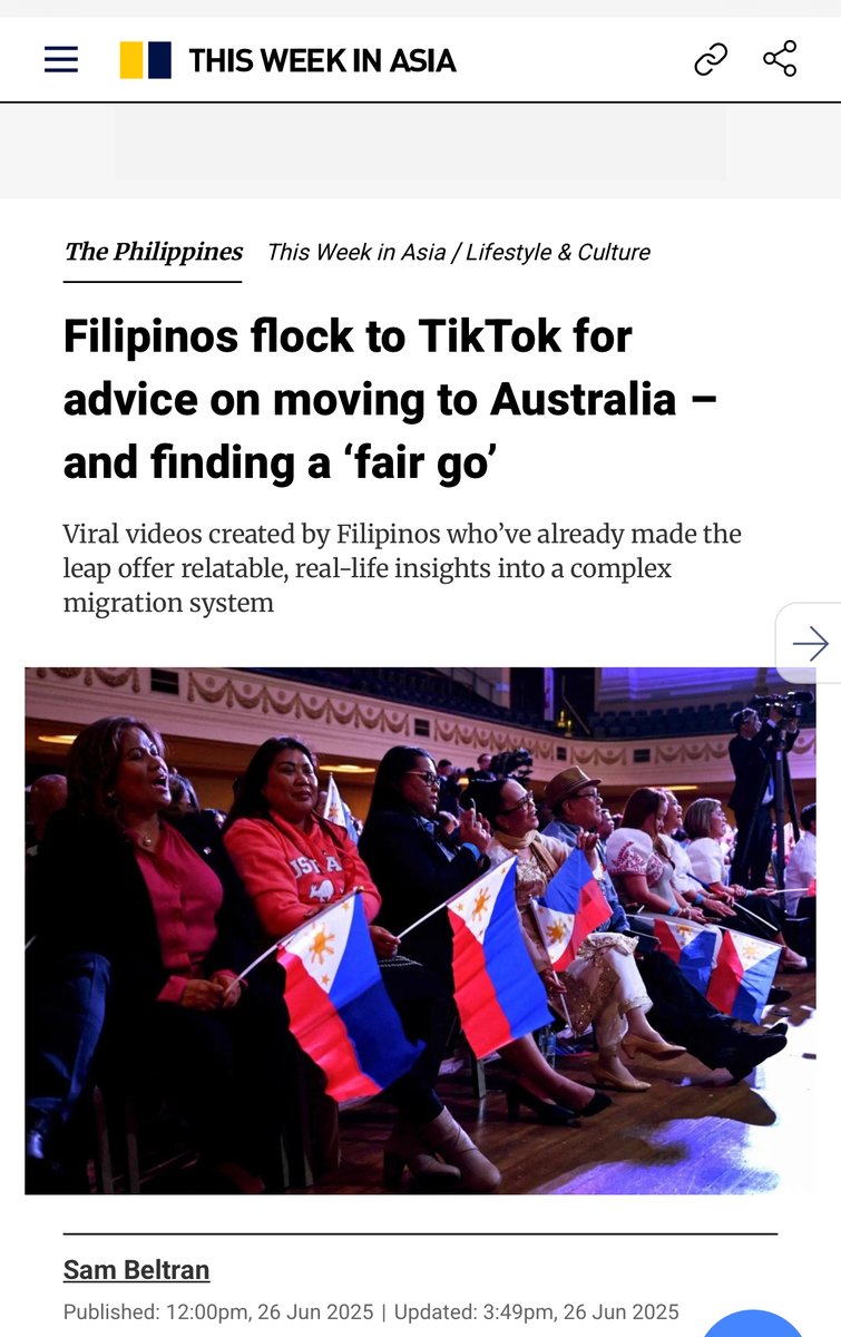 Sharing my interview in South China Morning Post. I talked about my recently published work on content creators brokering migration to Australia on TikTok, a collaborative work with Cheryll Soriano.

Link: scmp.com/week-asia/life…

Open access article here: tandfonline.com/doi/full/10.10…