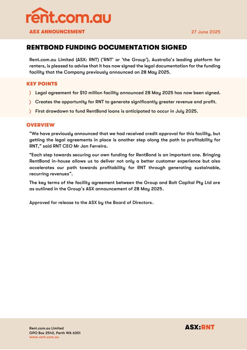 RentBond Funding Agreement Signed $RNT - bit.ly/445EHo0