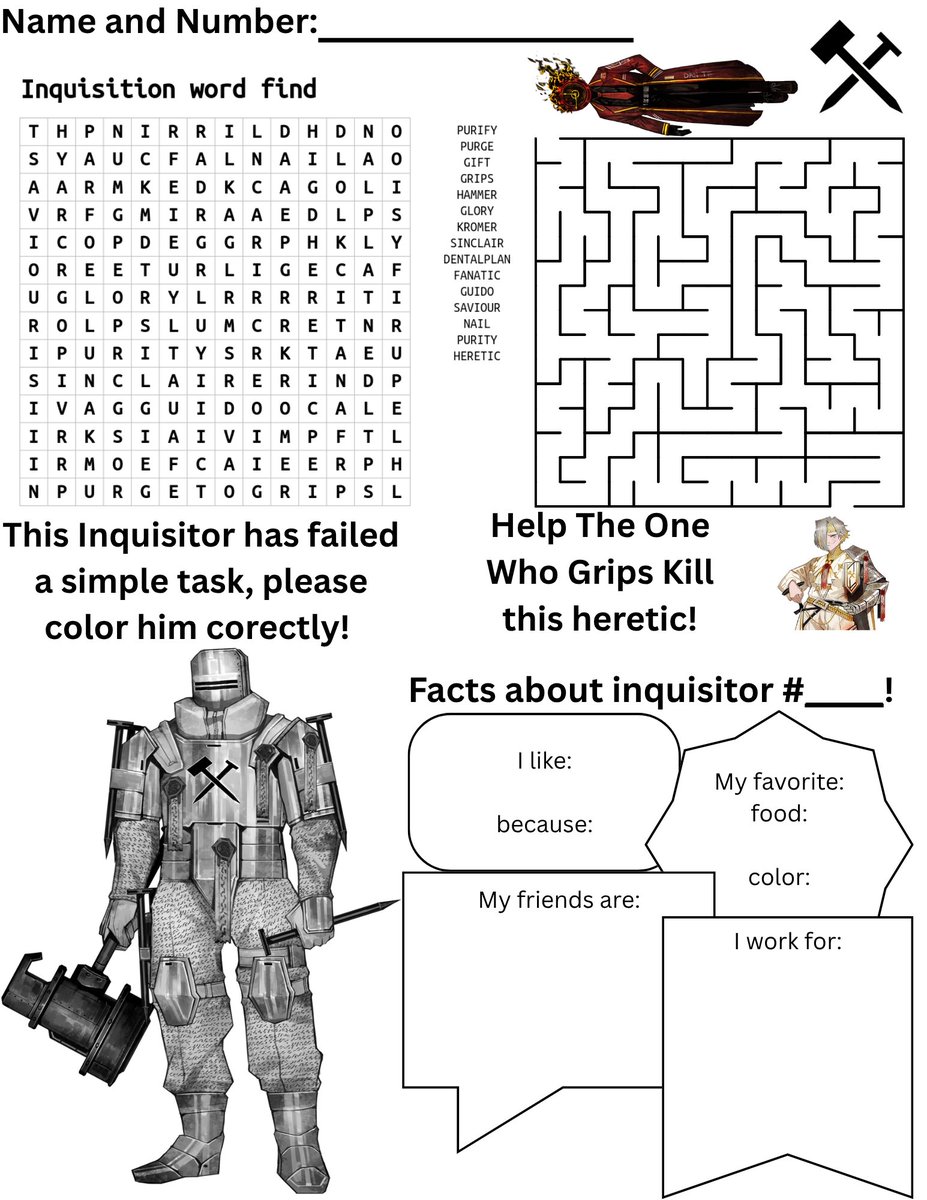 Capcheese1231's tweet photo. The One Who Grips has supplied the Inquisition with an activity sheet while traveling for purges. The One Who Grips needs every Inquisitor to be active in mind and body. https://t.co/rEit069Ume
