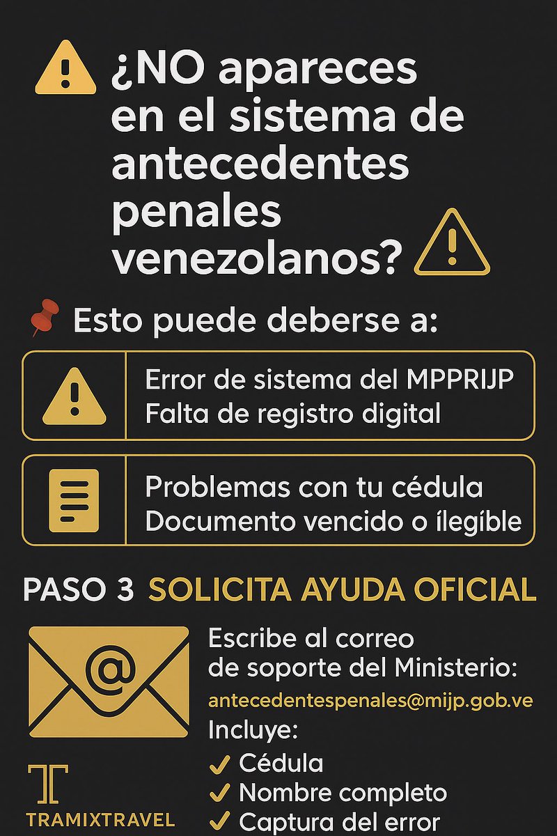 remeventramites's tweet photo. 📄 ¿No apareces en el sistema de antecedentes penales venezolanos?
No te preocupes, en TramixTravel te ayudamos a verificar, solicitar o resolver cualquier error con tu constancia digital.
📲 Escríbenos y resolvemos tu trámite rápido y seguro.

#AntecedentesPenales #Venezolanos https://t.co/p4u48pKqT5