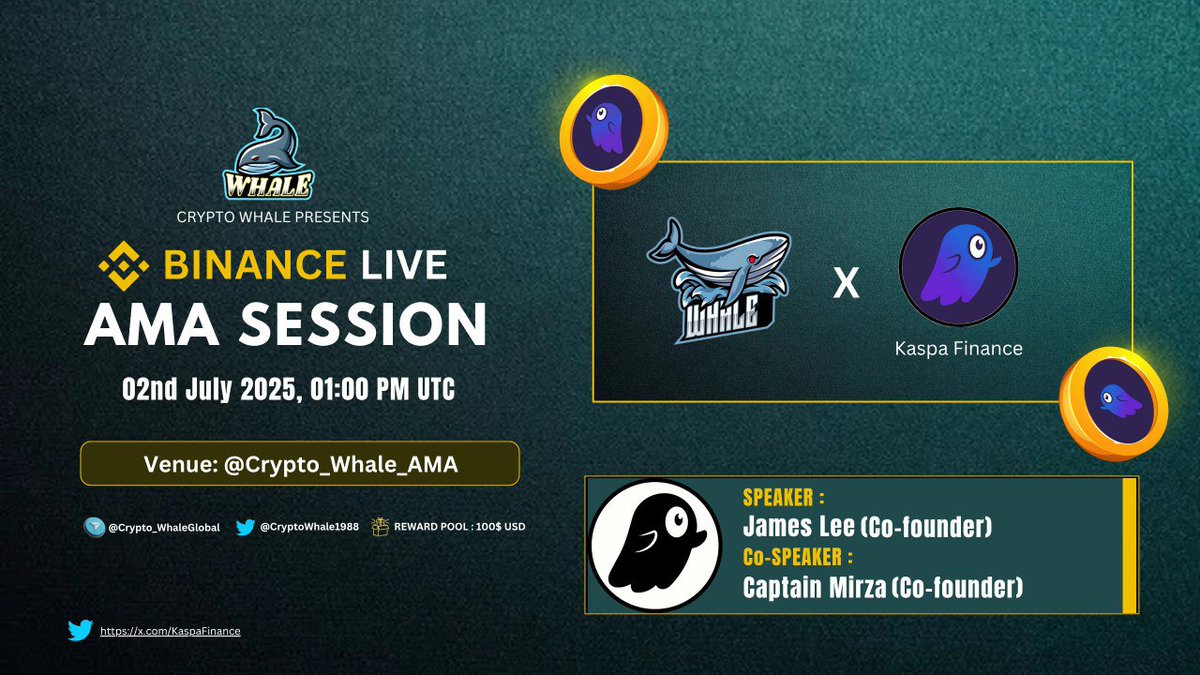 🎙️Join us for the Next Binance Live AMA session with #KaspaFinance 🕰️  Date: 2nd July 2025 at 01:00 PM UTC 🏆 Prize: $100 🏠 Venue:  https://t.co/iYq9C3hCIH 〽️Rules: 1️⃣ Follow @Cryptowhale1988 & @KaspaFinance