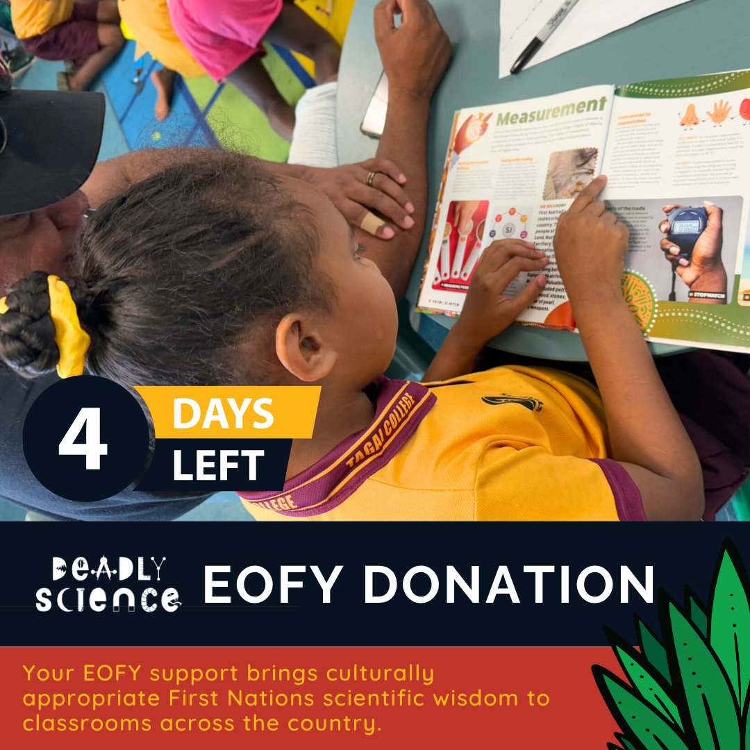 DeadlyScience's tweet image. Only 4 days until EOFY!
We bring First Nations science into classrooms through our Deadly STEM in Schools program.
Your tax-deductible donation helps fund culturally appropriate STEM education for 34,000+ learners.
Donate: mycause.com.au/events/deadlys…
#EOFYDonations #STEMequity