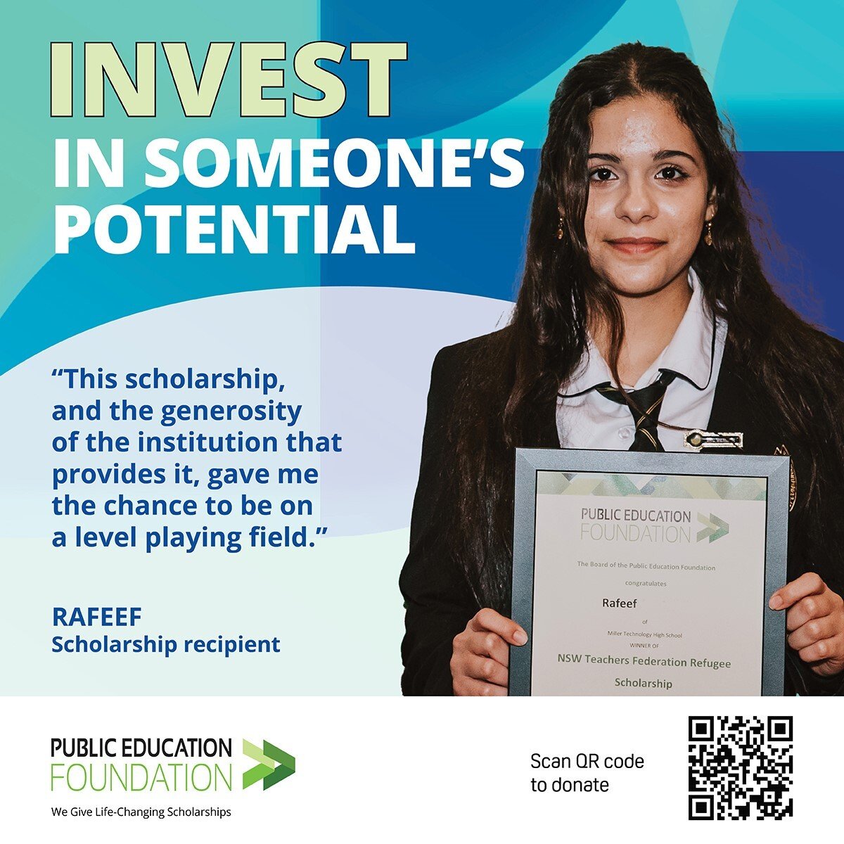 Join us in supporting students like Rafeef. With 96% of our scholars reporting improved academic results thanks to their scholarships, your contribution can make a real difference.

Every year, the Public Education Foundation (PEF) receives countless applications from students