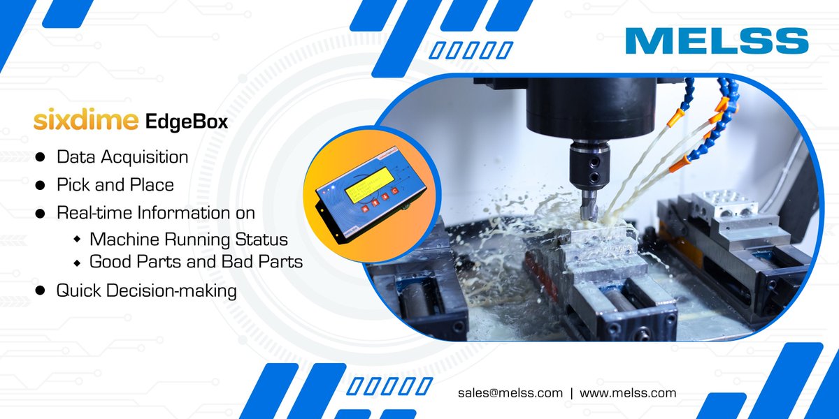 melssindia's tweet image. Explore the #SixdimeEdgeBox by #MELSS — an #IoTDevice that streamlines milling with automated data acquisition, CNC pick-and-place signals, and real-time data sharing. Smarter, faster manufacturing.