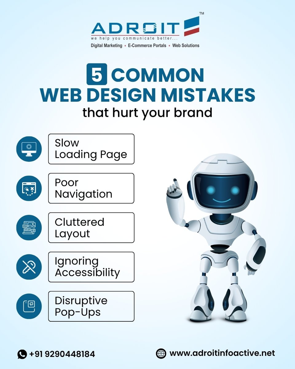 Adroit_InfoSvcs's tweet image. 🚫 Is your website silently hurting your brand?
Here are 5 common web design mistakes that can affect your business growth.💡Need expert help?

📞 +91 9290448184
🌐 Visit: adroitinfoactive.net
#WebDesignMistakes #UserExperienceMatters  #WebDesignTips #AdroitInfoactive