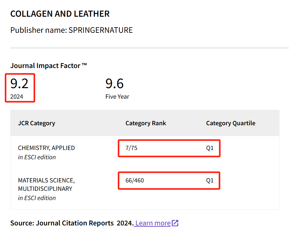 SCU_CL's tweet image. 🎉🎉We are delighted to announce that Collagen and Leather has achieved its first Impact Factor of ♥️9.2♥️, ranking in 👉Q1 for both “CHEMISTRY, APPLIED” (7th, top 9%) and “MATERIALS SCIENCE, MULTIDISCIPLINARY” 66th, top 14%).