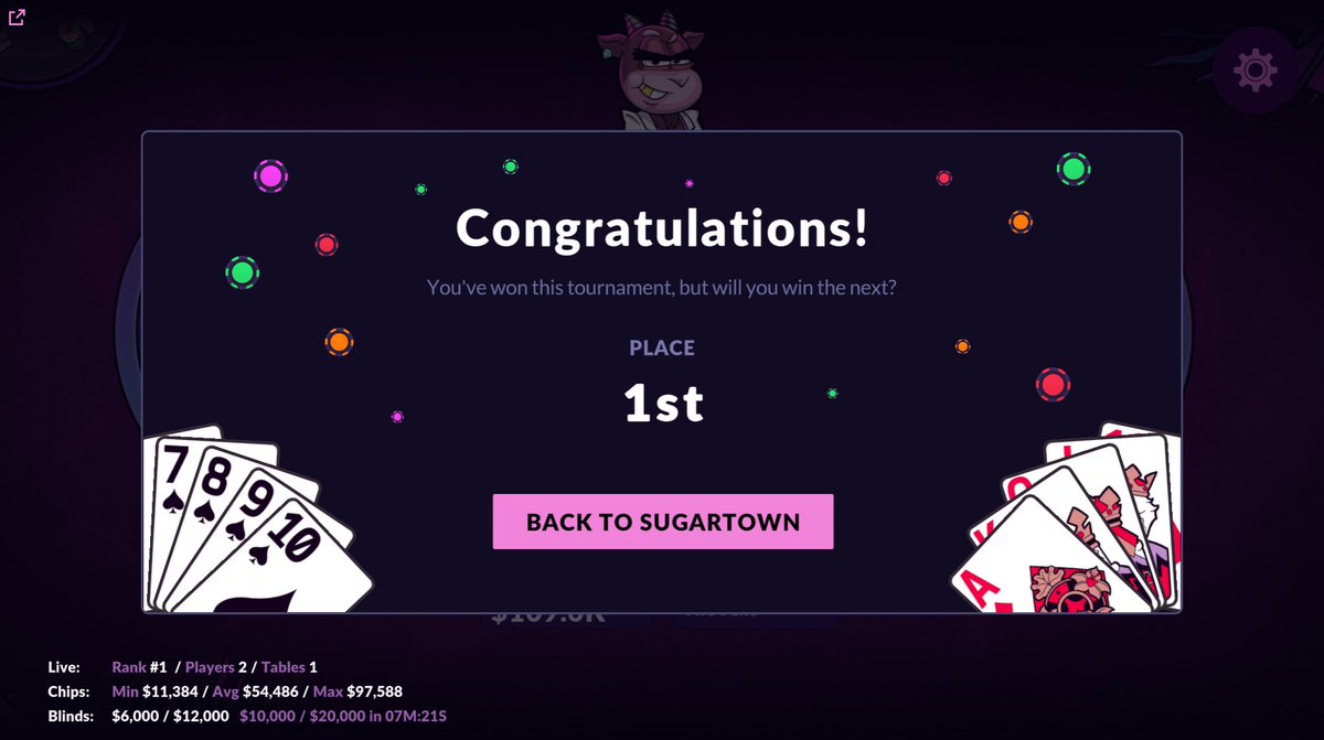 Took home a poker dub in a World Series Of <a href="/AbstractChain/">Abstract</a> qualifier game on <a href="/visitsugartown/">Sugartown</a> 
♥️♠️♦️♣️
Feels good. 😎