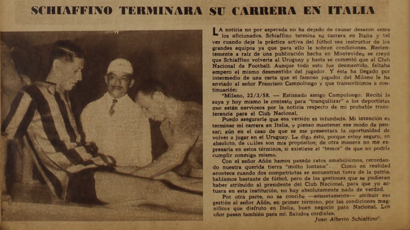 En 1958 el 'Pepe' Schiaffino desmentía los rumores de una posible vuelta a Uruguay para jugar en Nacional.