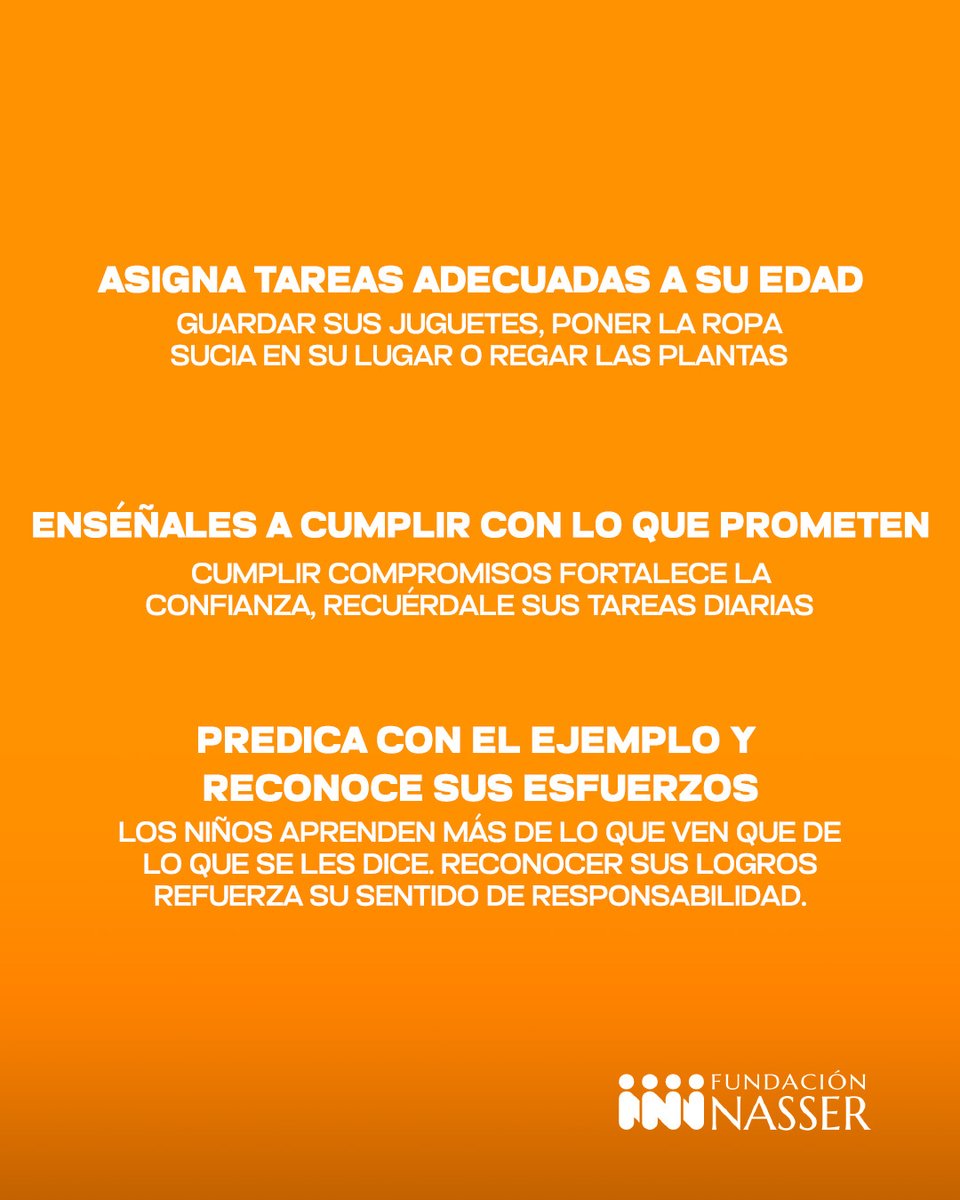 La educación comienza en el hogar, y uno de los valores más importantes que podemos cultivar en la niñez es la responsabilidad.🙌🏻

Aquí te compartimos 4 tips prácticos para enseñarlo desde casa.🏡✨

#FundaciónNasser #Responsabilidad #Honduras