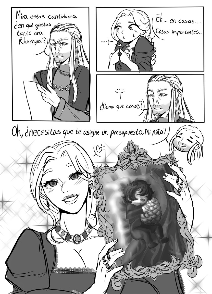 Cherry_wine0's tweet photo. —Look at these numbers! What are you spending so much gold on, Rhaenyra?
—Uh... on things... important things.
—Like what things?
—...
—Oh, do you need me to give you a budget, my dear?

 #HouseOfTheDragon #HouseOfTheDragonfanart #Lucerys #RhaenyraTargaryen #viserystargaryen https://t.co/o2Da92f7fu