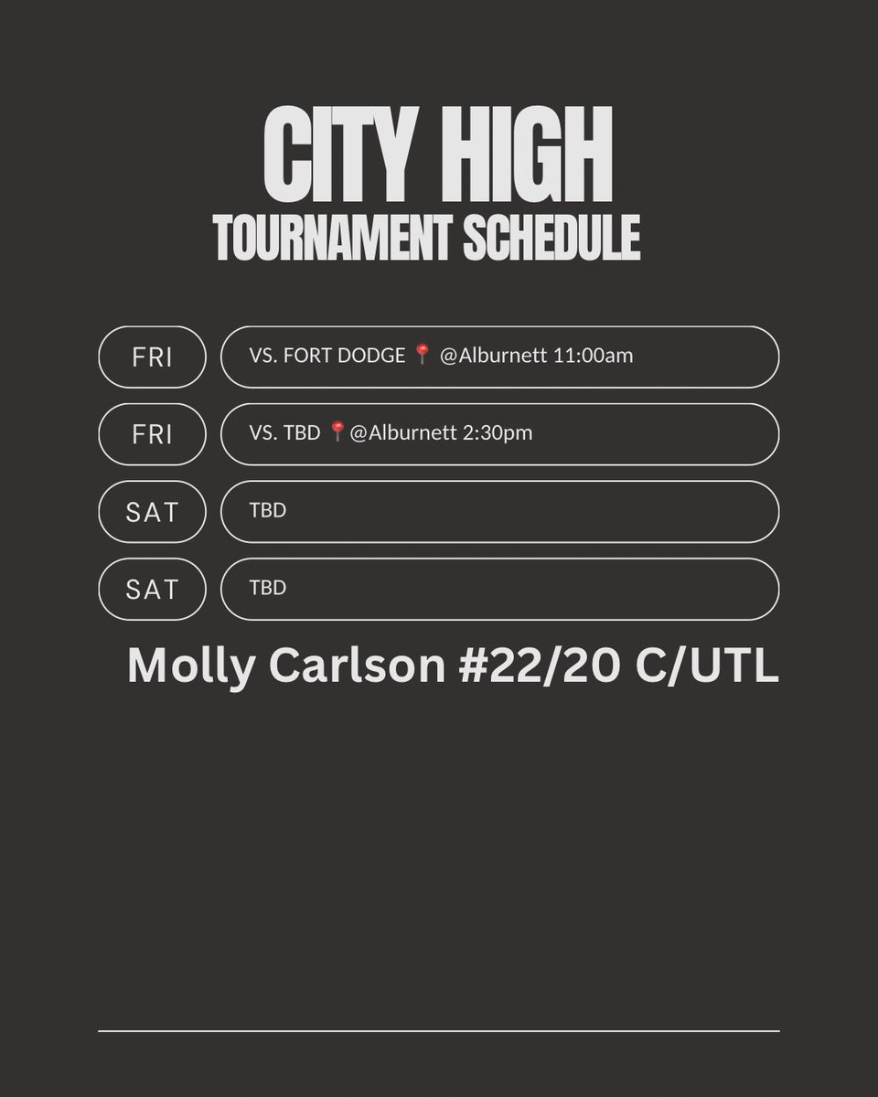 Molly Carlson (@mcarlson1220) on Twitter photo Attached is the schedule for our Linn Mar tournament games this weekend. Would love to see you there.
<a href="/StacyMayJohnson/">Stacy May-Johnson</a> <a href="/DiehlLindsay/">Lindsay Diehl</a> <a href="/austyn_crees/">Austyn Crees</a> <a href="/ThanaMHeller/">T.Heller</a> <a href="/KAlstott/">Kyle Alstott</a> <a href="/CoachPinkerton/">Jamie Pinkerton</a> <a href="/BrentMatthias/">🔴Brent Matthias</a> Attached is the schedule for our Linn Mar tournament games this weekend. Would love to see you there.
<a href="/StacyMayJohnson/">Stacy May-Johnson</a> <a href="/DiehlLindsay/">Lindsay Diehl</a> <a href="/austyn_crees/">Austyn Crees</a> <a href="/ThanaMHeller/">T.Heller</a> <a href="/KAlstott/">Kyle Alstott</a> <a href="/CoachPinkerton/">Jamie Pinkerton</a> <a href="/BrentMatthias/">🔴Brent Matthias</a>