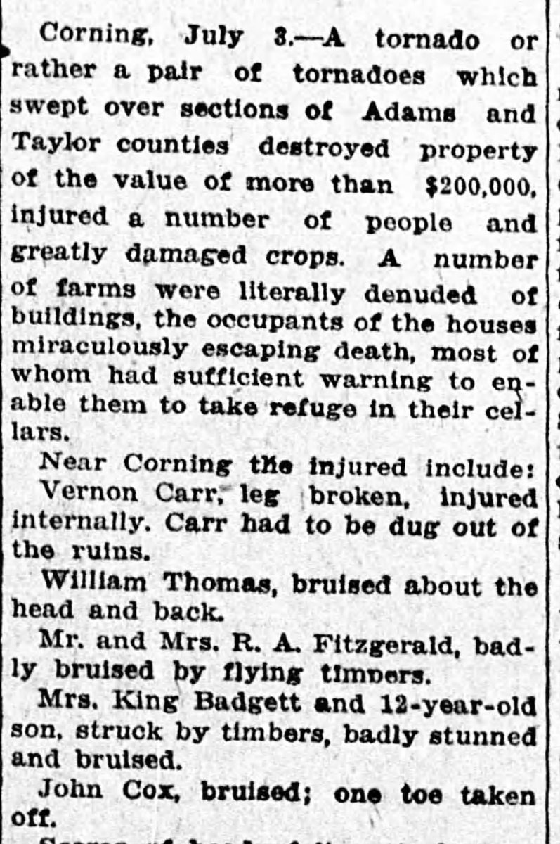 July 1, 1920:

An estimated F4 narrowly missed Corning, Iowa. Accounts stated that many residents gathered to watch the funnel as it passed to the north of the town. Five farms were left in ruins with every structure reportedly destroyed. Four people were injured.

#wxhistory