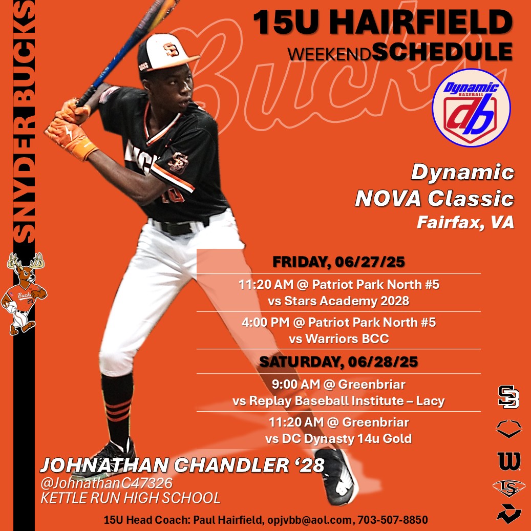 Snyder Baseball (@snyderbaseball) on Twitter photo ⚾️Snyder Bucks 15U Hairfield Schedule
The 15U Team starts 06/27 in the <a href="/DynamicBaseball/">Dynamic Baseball</a> NOVA Classic. Game #1 gets underway at 11:20 tomorrow with '28 Brady Card <a href="/bradycard2/">Brady Card</a> getting the pearl to start the game.
⚾️🦌Good Luck BUCKS!!🦌⚾️ ⚾️Snyder Bucks 15U Hairfield Schedule
The 15U Team starts 06/27 in the <a href="/DynamicBaseball/">Dynamic Baseball</a> NOVA Classic. Game #1 gets underway at 11:20 tomorrow with '28 Brady Card <a href="/bradycard2/">Brady Card</a> getting the pearl to start the game.
⚾️🦌Good Luck BUCKS!!🦌⚾️