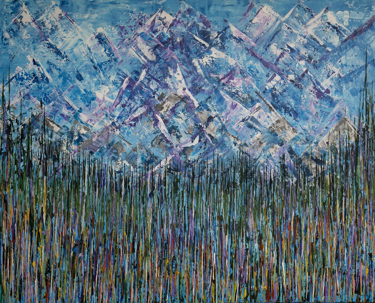 This big 5–foot by 4-foot painting is titled “Making Mountains.” I started like I normally do - by just plopping colors on the canvas and scraping away. Then it started looking like mountains. So, I went with it. Deep, right? 😁. #art #abstractart #landscape #artist