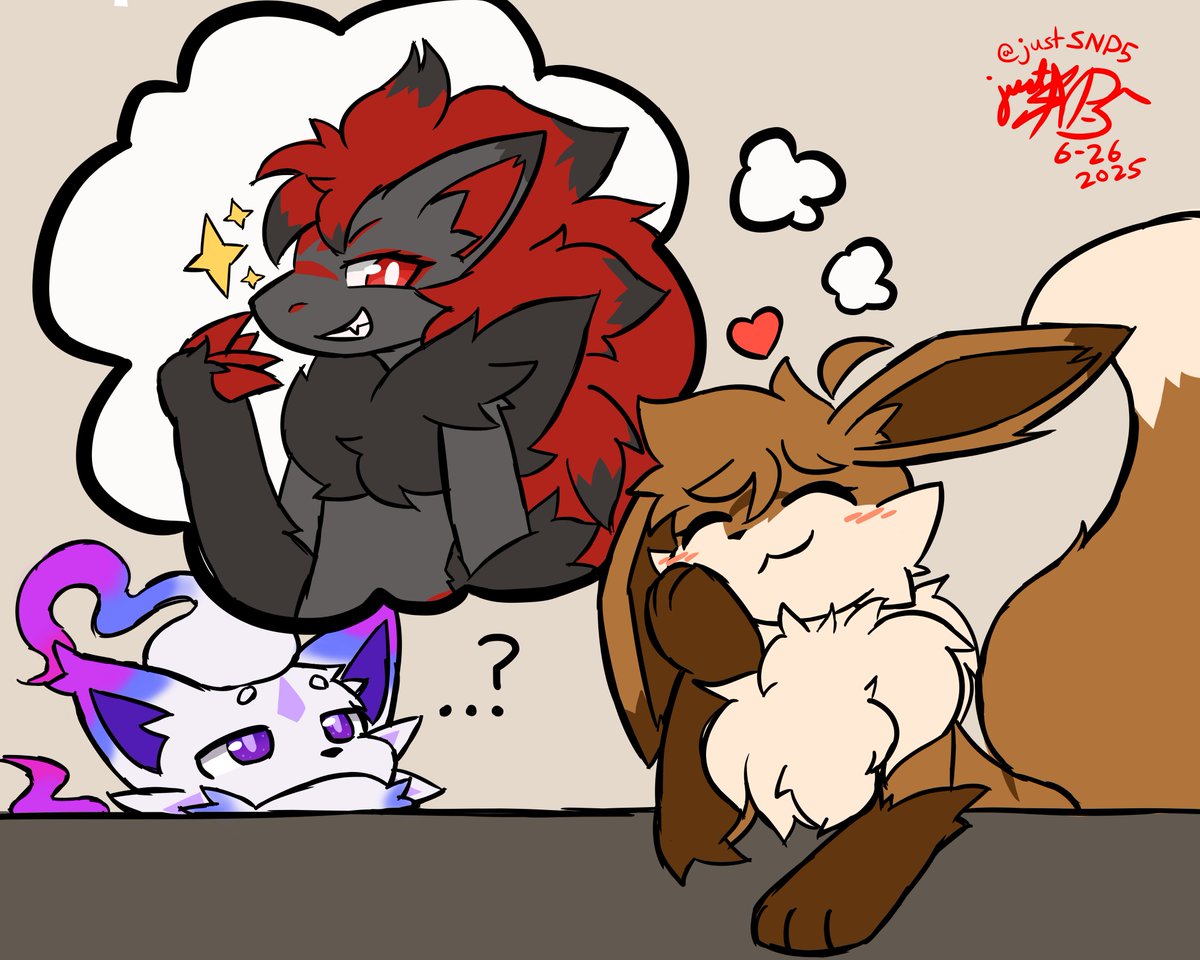 an Eevee can evolve into many things... but I don't think THAT'S a possibility...
(a  quick sketch starring eevee Mitsu with hisuian zorua Aurora, who can  view images of other's thoughts... and seems like Mitsu may have  preferred to be another pokemon-)