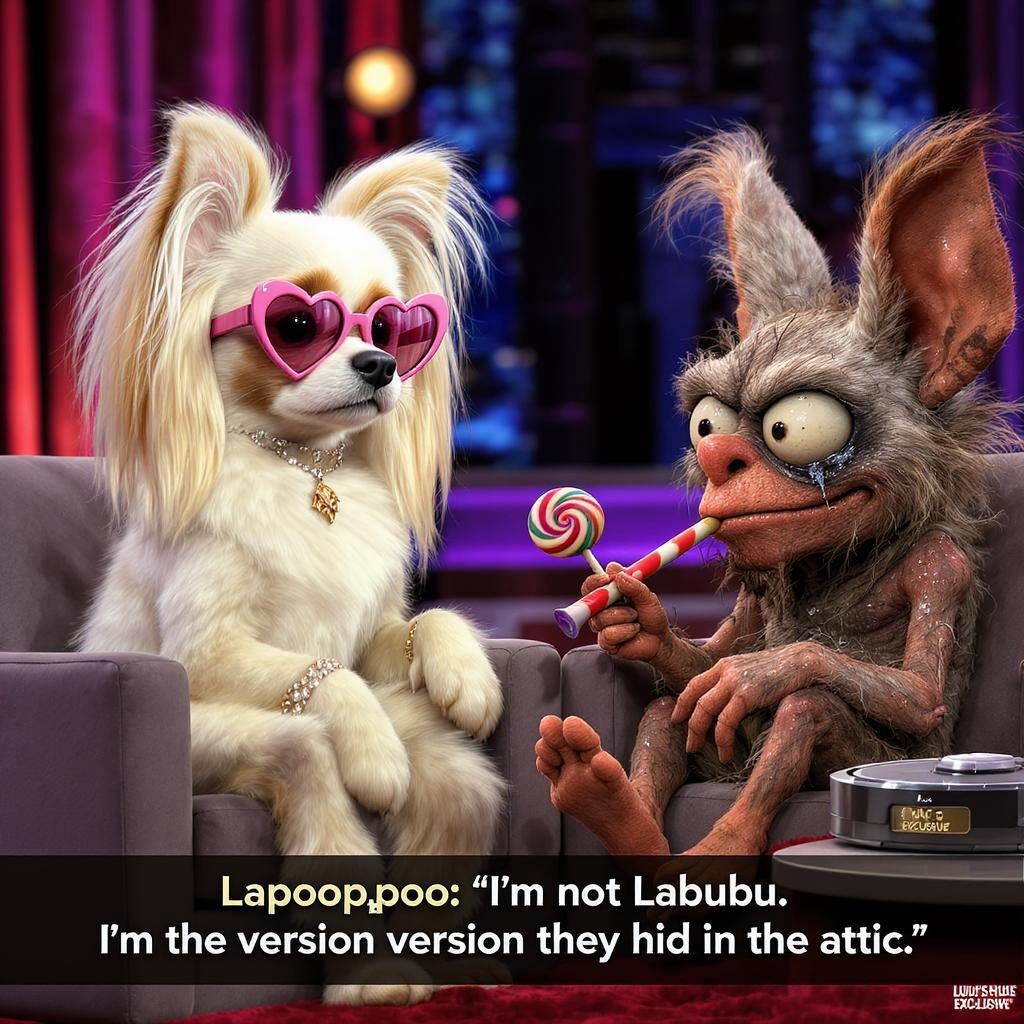 LulusGossip's tweet image. 🚨 INTERVIEW EXCLUSIVE 🚨
I confronted Lapoop💩poo — Labubu’s attic cousin — and I wish I hadn’t.
🪑 He rolled in on a Roomba.
⚡ Licked the outlet in my green room.
🎶 Played a kazoo during soundcheck.
And then told me THIS:
“I’m not Labubu. I’m the version they hid in the…