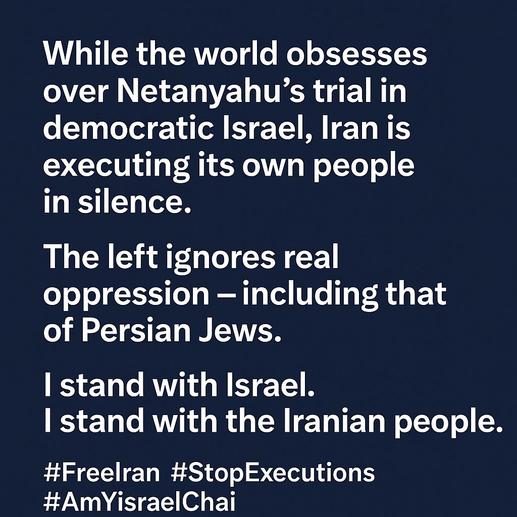 SimonEtehad's tweet photo. While the world fixates on Netanyahu’s unjust trial, Iran’s regime plays judge, jury &amp; executioner — hanging political prisoners &amp; torturing dissenters.
Where’s the outrage?
I stand with Iran’s people &amp; with Israel.
Silence is complicity.
#FreeIran #AmYisraelChai #StandWithIsrael https://t.co/HSRyVeMKcb