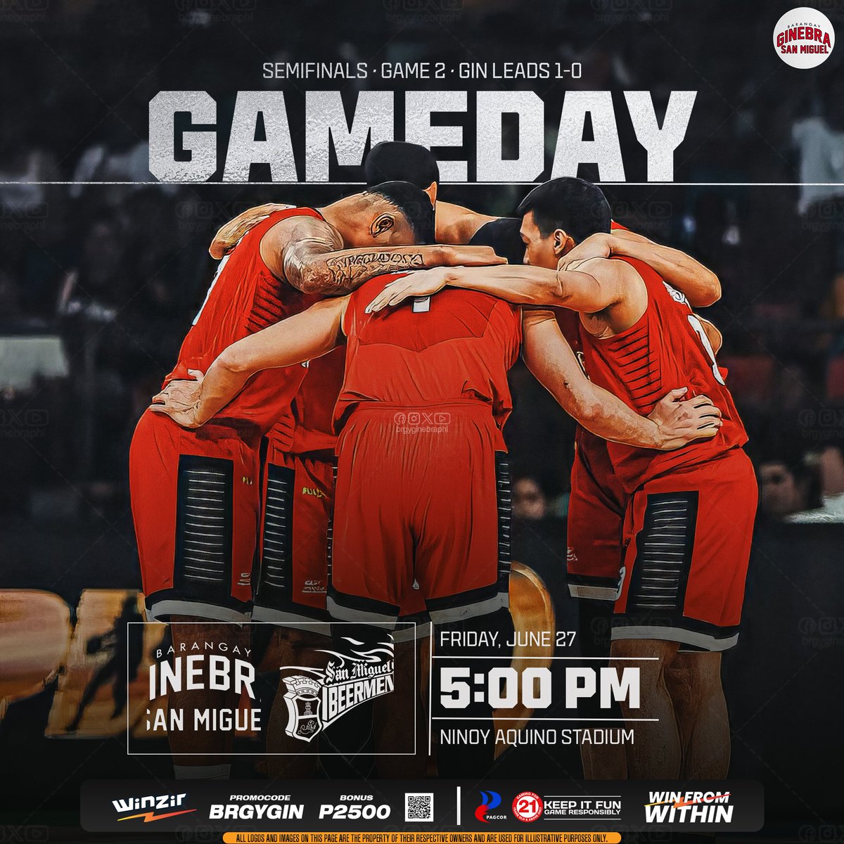 𝗚𝗔𝗠𝗘𝗗𝗔𝗬 🙏🔥

Isang panalo na, pero malayo pa ang serye.

🆚 Ginebra vs San Miguel
📍 Ninoy Aquino Stadium
🕔 5:00 PM
📅 June 27 | Friday
Isang laro. Isang barangay. Isang layunin.

Salamat sa tiwala—laban lang, walang iwanan.
#Ginebra #NSD #PBA2025 #Gameday #Semifinals