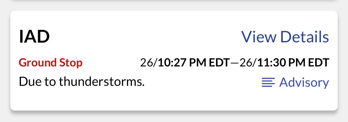 11:00PM: All DMV airports are all on ground stop due to the ongoing thunderstorms.

BWI &amp; IAD are currently expecting this to be lifted at 11:30PM while DCA just had theirs extended till midnight. 

Plan ahead and check your flight status!#vawx #mdwx #dcwx