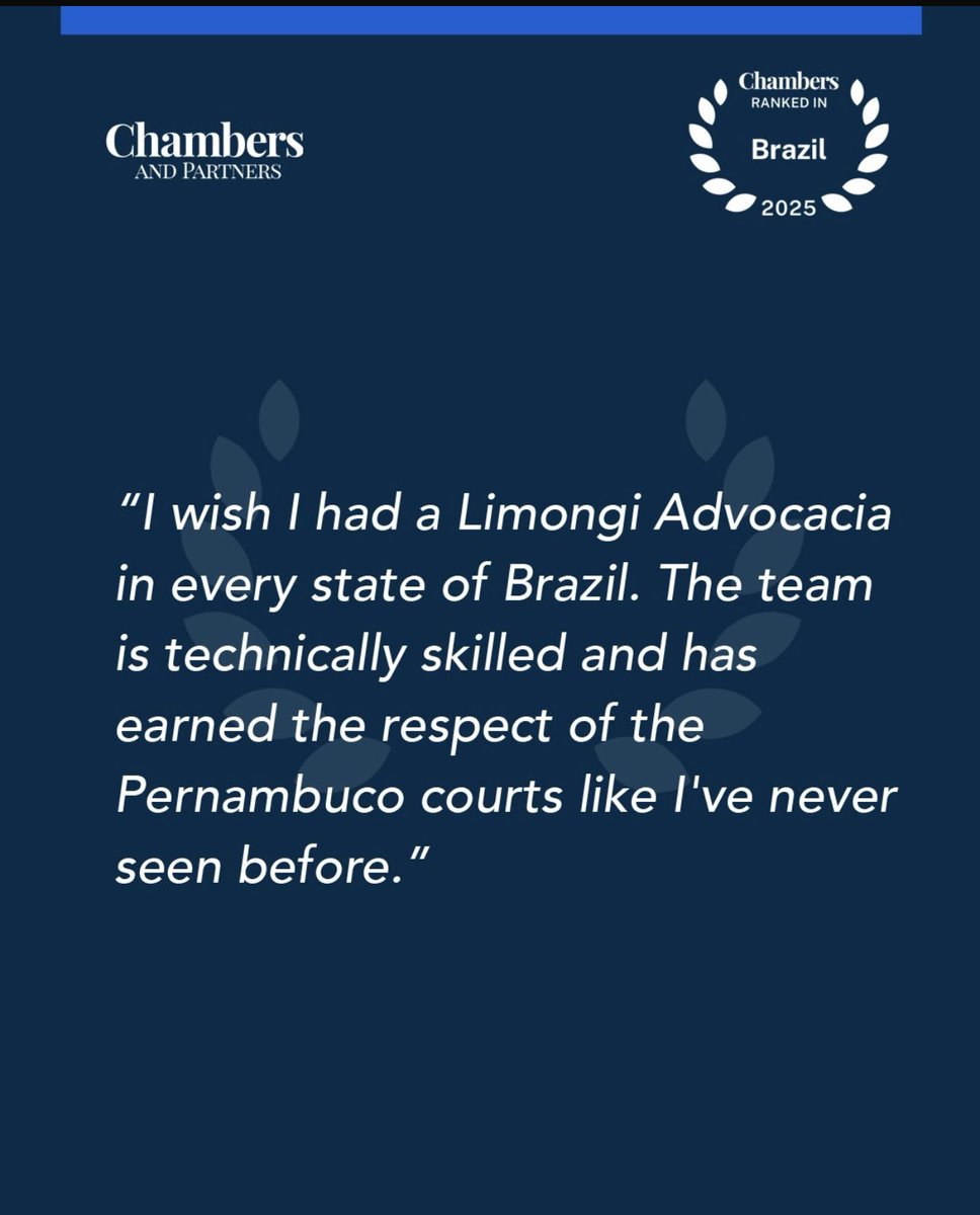 sial_erik's tweet photo. O ranking 2025 da prestigiosa Chambers and Partners, divulgado nesta quinta (26.06), traz uma vez mais o Limongi Advocacia dentre as bancas de advocacia da categoria “Dispute Resolutivo: Northeast” (contencioso estratégico).

Digno de nota, outrossim, que a par de ranquear novamente o escritório, a edição recém difundida ranqueia igualmente a minha pessoa enquanto advogado (“noted practitioner”, no “individual editorial”), ambos os reconhecimentos ganhando ainda mais vulto quanto sabe-se que advém dos depoimentos elogiosos colhidos junto às diretorias jurídicas das companhias clientes, várias delas líderes nos respectivos segmentos econômicos!