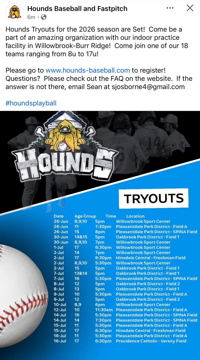 Want to join the <a href="/houndsplayball/">Hounds Baseball</a> squad? See below for tryout dates.

Contact <a href="/OsborneHounds/">Sean Osborne</a> Youth Teams &amp; HS Age Director / <a href="/stevegrein/">Steve Grein</a> for HS age/ <a href="/HoundsAnderson/">Hounds Coach Anderson</a> for HS age groups. 

<a href="/TopPreps/">SPORTS NEWS, VIDEOS, GRAPHICS, EXPOSURE & MORE</a> / <a href="/BUncommitted/">Baseball_Uncommitted</a>