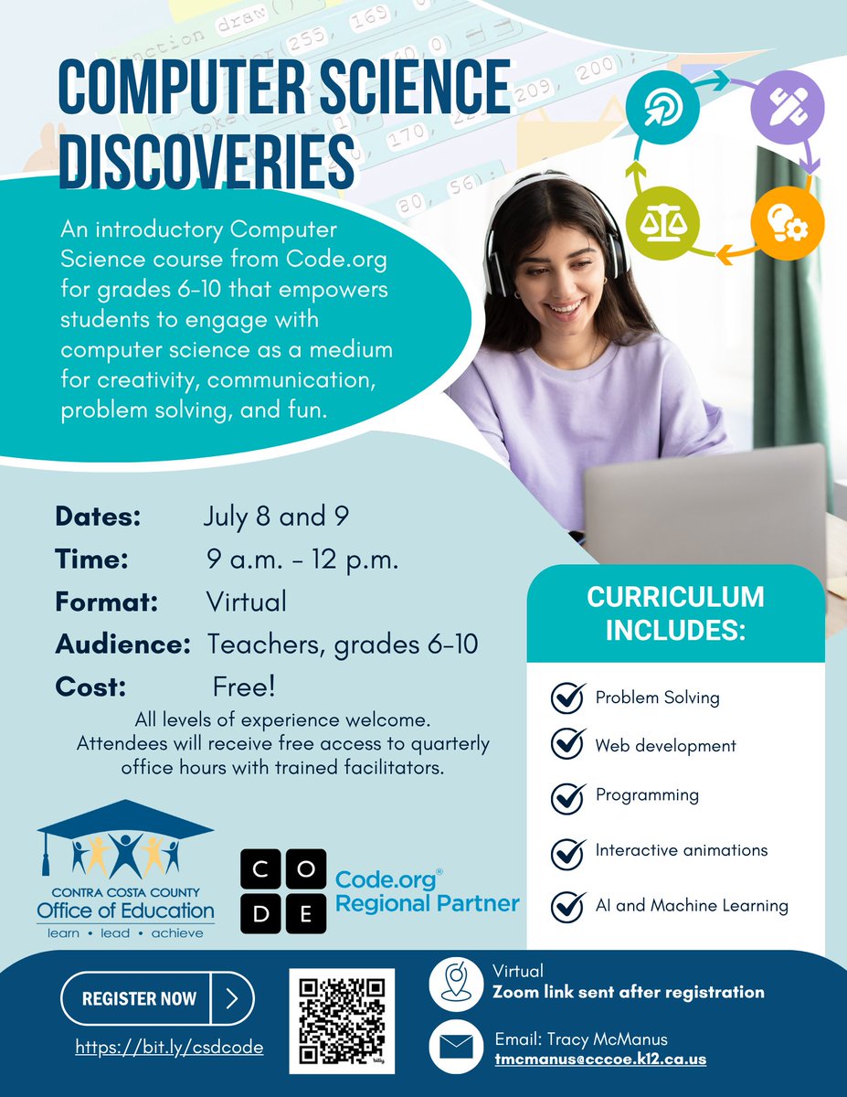 CoCoSchools's tweet image. 🌟 Join us for a FREE virtual Computer Science Discoveries workshop on July 8 & 9, 2025! Register: studio.code.org/pd/workshops/1… #ProfessionalDevelopment #ComputerScience #CodeOrg