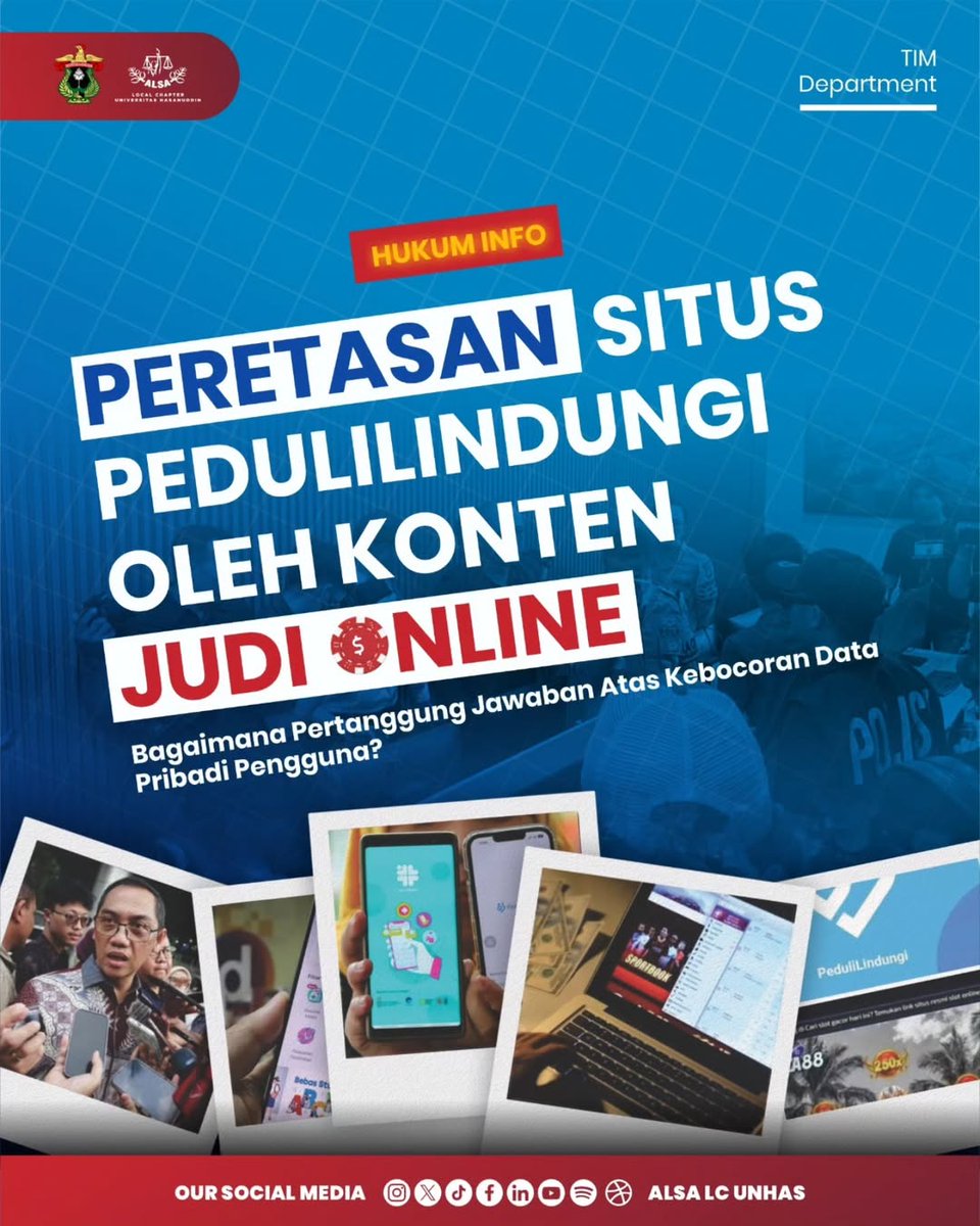 Warmest Greetings, ALSAians!

ALSA LC Unhas delightfully presents Hukum Info with the title "Peretasan Situs Peduli Lindungi oleh Konten Judi Online: Bagaimana Pertanggungjawaban Atas Kebocoran Data Pribadi Pengguna?"

Read more on Instagram! <a href="/alsalcunhas/">ALSA LC Unhas</a>