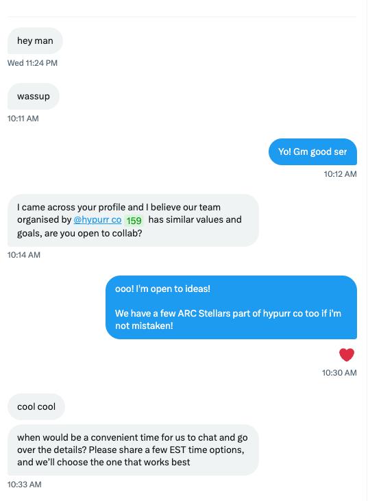 HypurrCollective.hl ๐ฑ (@hypurr_co) on Twitter photo ๐จPSA: Beware of Impersonators and Scammers
The only official HypurrCo team accounts are:
<a href="/kirbyongeo/">kirbycrypto.hl ๐๐โโ๏ธ</a>, @narwhalTan, @0xvelocity88 and our intern <a href="/0xhypebae/">hype bae</a>
Attached is a screenshot from <a href="/0xSamhl/">Sam.hl (ร,G)</a>, who is not from our team. Be careful. There are also many others who are trying ๐จPSA: Beware of Impersonators and Scammers
The only official HypurrCo team accounts are:
<a href="/kirbyongeo/">kirbycrypto.hl ๐๐โโ๏ธ</a>, @narwhalTan, @0xvelocity88 and our intern <a href="/0xhypebae/">hype bae</a>
Attached is a screenshot from <a href="/0xSamhl/">Sam.hl (ร,G)</a>, who is not from our team. Be careful. There are also many others who are trying