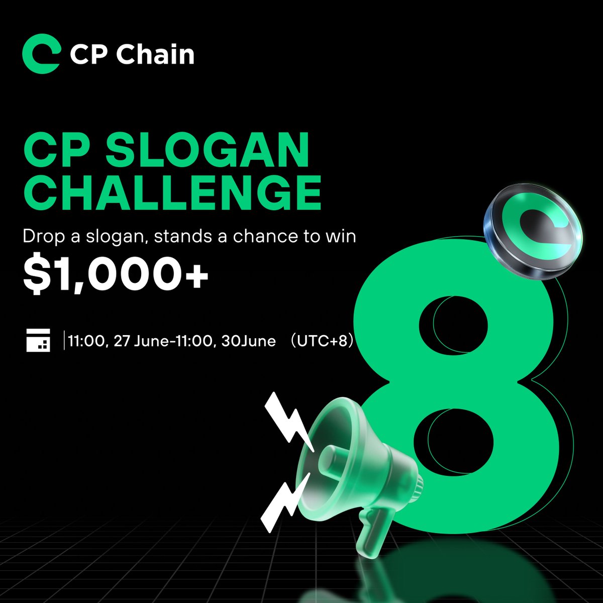 CPCHAINGLOBAL's tweet photo. #CP SLOGAN CHALLENGE, Prizes pool up to 1000u!💰

Share with us how you define CP in a powerful slogan!

Join here: https://t.co/Vrbni90gzR
1. Like this post
2. Drop your slogan for CP in comments
3. RT and tag 3 friends

Date: 11:00, 27 June-11:00, 30June （UTC+8）

Pst. Whether it’s funny, catchy or heartfelt, 50 slogan will be chosen, drop you thoughts in comments now!

#CoinUp #CP #CPChainGlobal