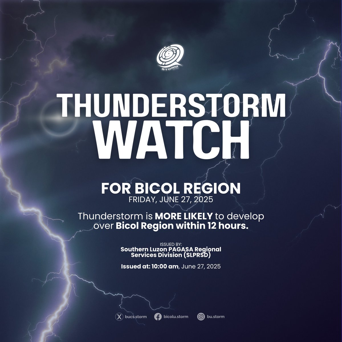bucs_storm's tweet photo. 𝙏𝙃𝙐𝙉𝘿𝙀𝙍𝙎𝙏𝙊𝙍𝙈 𝙒𝘼𝙏𝘾𝙃

Issued by: Southern Luzon PAGASA Regional Services Division (SLPRSD)
Issued at: 10:00 am [June 27, 2025 | FRIDAY]

Source: https://t.co/kZnpUnLLhd

#BUSTORM
#ADVISORY
#THUNDERSTORM https://t.co/gwWLzAfCCK
