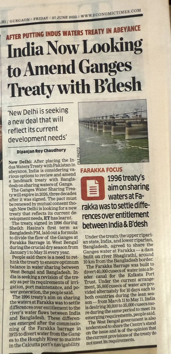 Dipanjan R Chaudhury (@dipanjanet) on Twitter photo After putting Indus Water Treaty on abeyance, India is now reviewing options for amendment to Ganges Treaty with Bangladesh that expires in Dec 2026. New Delhi feels new Treaty should reflect current development requirements — My report <a href="/ETPolitics/">ET Politics</a> <a href="/PankajSaran11/">Pankaj Saran</a> After putting Indus Water Treaty on abeyance, India is now reviewing options for amendment to Ganges Treaty with Bangladesh that expires in Dec 2026. New Delhi feels new Treaty should reflect current development requirements — My report <a href="/ETPolitics/">ET Politics</a> <a href="/PankajSaran11/">Pankaj Saran</a>