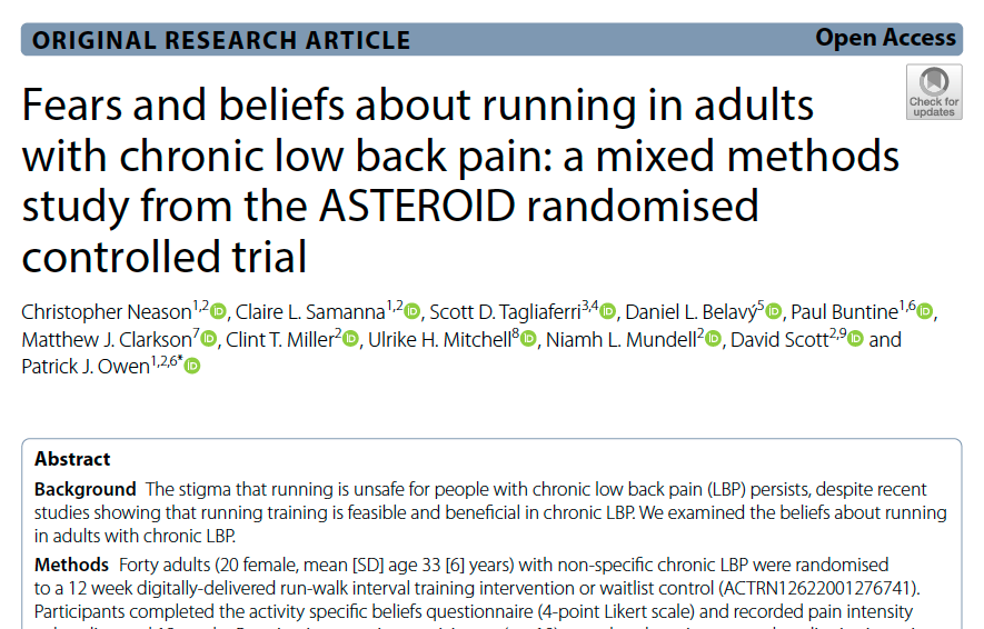 🚨Just published!

🏃‍♀️📚 Our study shows that a 12-week run-walk interval program can improve beliefs about running in adults with chronic low back pain

💡 Implications for clinicians and researchers: let's rethink the stigma around running with LBP
#ChronicPain #ExerciseScience