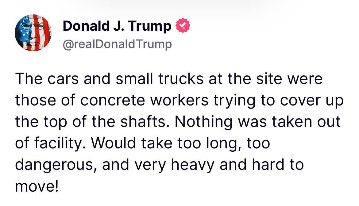 sosassembly's tweet photo. Trump clarifies in light of rumors: Nothing was removed from the site at Fordow before our attacks. https://t.co/BNlBV43dci