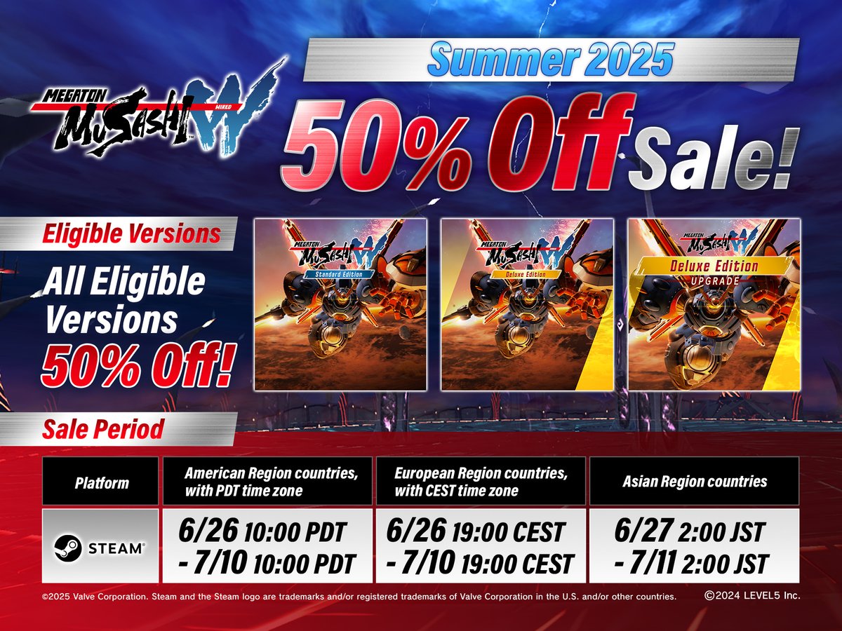 ＼#MEGATONMUSASHI 50％ Off Sale／
Enjoy exciting robot action &amp; deep hack-and-slash gameplay—now at half price!
So don’t miss out!

Check out the sale details here!
megaton-musashi.jp/wired/en/sale/
#SteamSummerSale