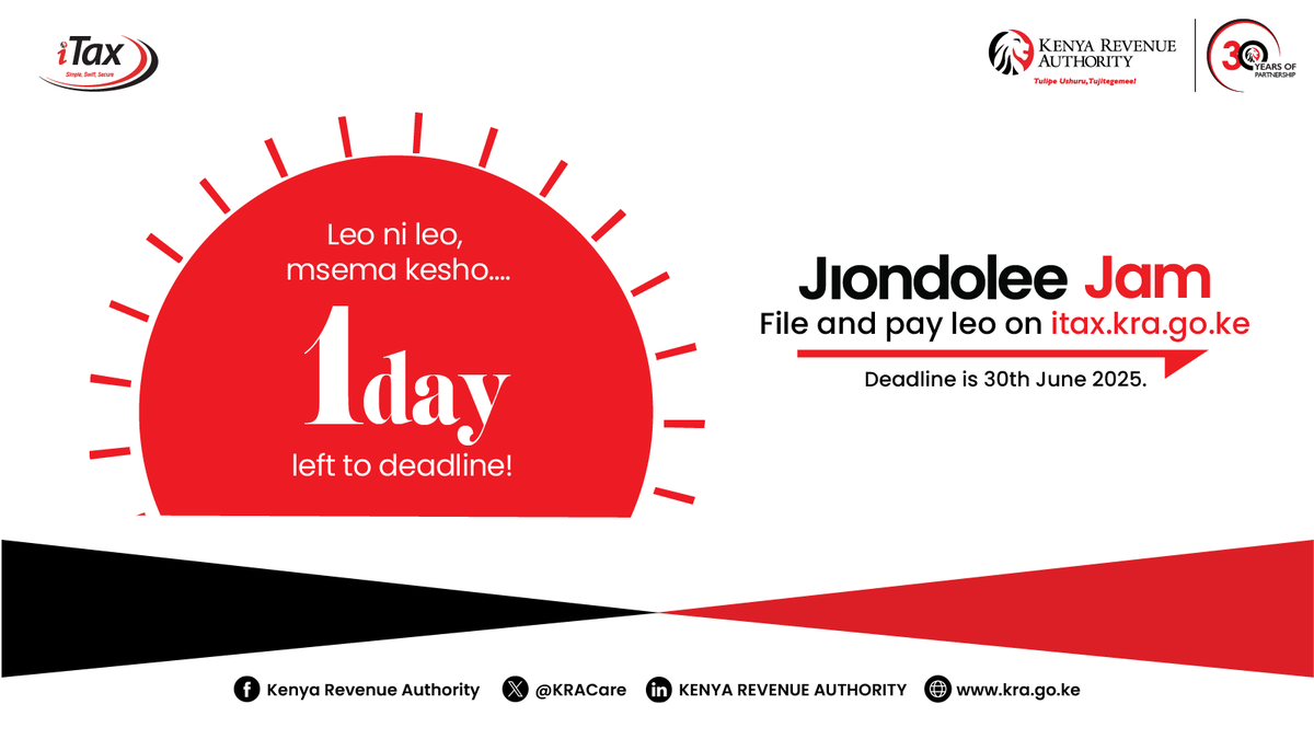 1 day to go!⏱️

Wale wasee wa last minute, uwanja ni wenu😅
Deadline ya kufile and pay ni kesho na tunadai usimiss out on this chance.
Tushacheza na link👊🏼itax.kra.go.ke

#KRAFilingSeason2025 #JiondoleeJam