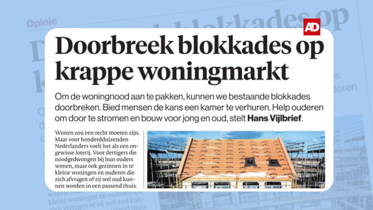 javijlbrief's tweet image. De woningnood groeit elke dag, maar politiek Den Haag blijft hangen in kleine stapjes en papieren plannen die de tekentafel nooit verlaten. Mensen die een huis zoeken verdienen beter. Wij willen bestaande blokkades doorbreken.
Hoe? Lees mijn opinie in AD:
ad.nl/opinie/opinie-…