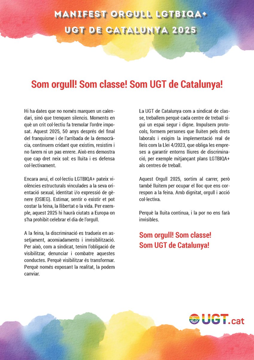 ugtficat's tweet photo. 🏳️‍🌈 28 Junio: Día Internacional del Orgullo LGTBIQA+
UGT FICA Cat. manifiesta su apoyo total a la diversidad en la vida y en el trabajo, reivindicamos q los centros de trabajo sean espacios seguros, inclusivos y respetuosos que garanticen el bienestar de las personas trabajadoras https://t.co/OFNvTnvQgI