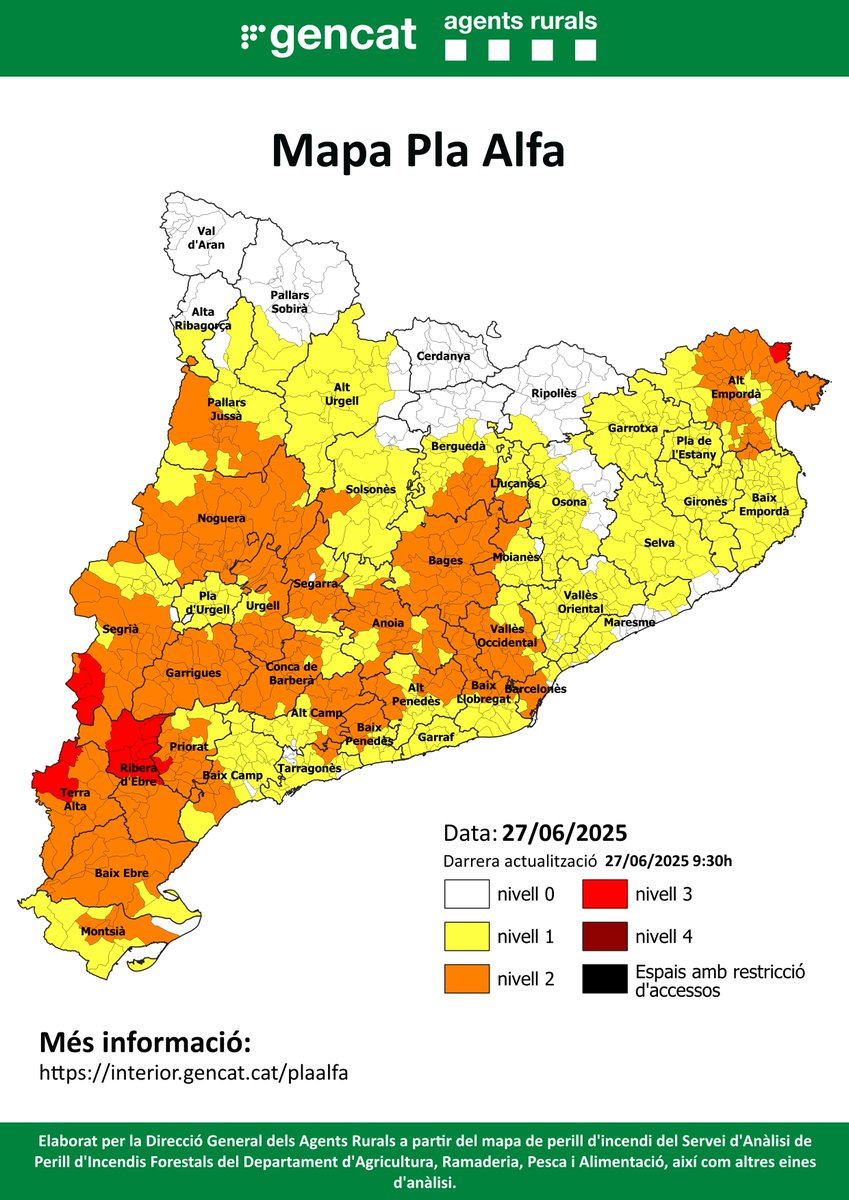 ‼ Màxima precaució: risc elevat d’#incendi forestal 🔥

🔴 Activat #PlaAlfa 2 a tots els municipis del <a href="/PNMontserrat/">PN Montserrat</a>

⚠️ Extrema la precaució en activitats al #medi #natural
❌ No encenguis foc
❌ No llencis burilles ni deixalles
📞 Davant qualsevol indici de foc, truca al <a href="/112/">112</a>