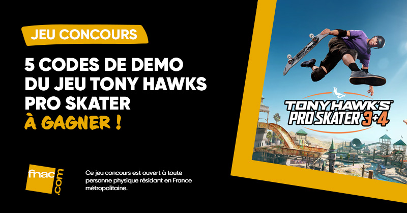 Fnac's tweet image. JEU CONCOURS | À toi les kickflips et combos stylés !🛹

Gagne 1 des 5 codes de démo du légendaire Tony Hawk’s Pro Skater 🔥Prépare-toi à rider comme un pro🎮

Pour participer 👉 RT + Follow
📅 TAS le 4/07 – 5 gagnants

🍀 Bonne chance !