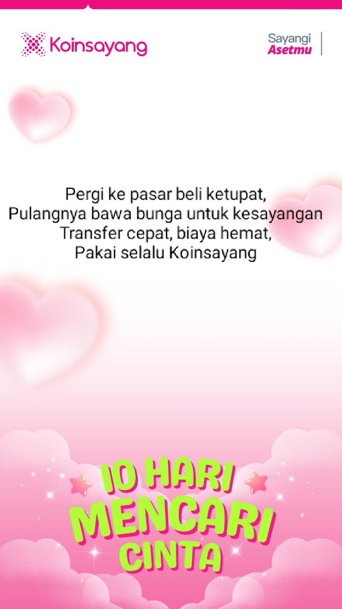 Pantun buat <a href="/HanselKalama/">Hansel Kalama | Koinsayang</a> &amp; <a href="/Koinsayang/">Koinsayang | Crypto Exchange</a> untuk merayakan #10HariMencariCinta

🩷Pergi ke pasar beli ketupat,
🩷Pulangnya bawa bunga untuk kesayangan
🩷Transfer cepat, biaya hemat,
🩷Pakai selalu #Koinsayang

Join Whitelist <a href="/Goenawan35/">TheCryptoGun 9000🔺</a> <a href="/windalll18/">windal 🔺</a> <a href="/mainkoin/">M∆inkoin.tgn 🔺</a>

koinsayang.com/en/