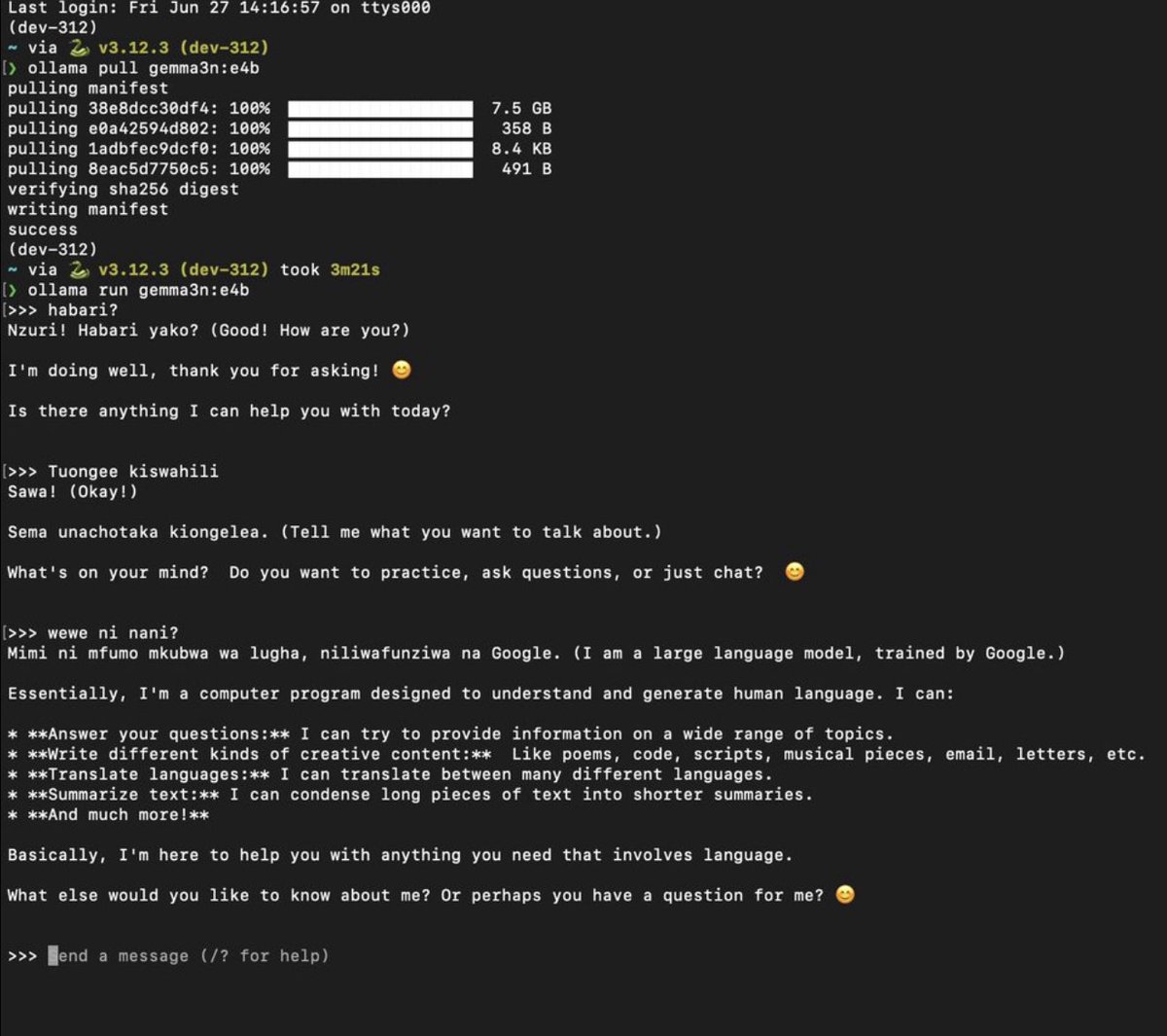 alfxad's tweet image. a release i have been looking forward to for a while. testing gemma3n:e4b swahili capabilities. the gemma3n impact challenge will be fun. i have been stealthly working on something @NadhariAI