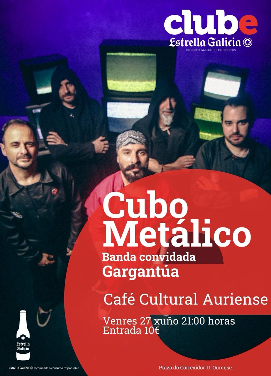 Hoxe imos a #Ourense !
O ciclo ClubE continúa visitando salas galegas grazas a <a href="/estrellagalicia/">Estrella Galicia</a> Gargantúa e Cubo Metálico chegan ao <a href="/cafeauriense/">Cafe Auriense</a> para a túa diversión. Non os perdas!
<a href="/ClubturaGalicia/">Clubtura</a>
<a href="/gal_concierto/">GALICIAenCONCIERTO</a> <a href="/galiciantunes/">Galician Tunes</a>