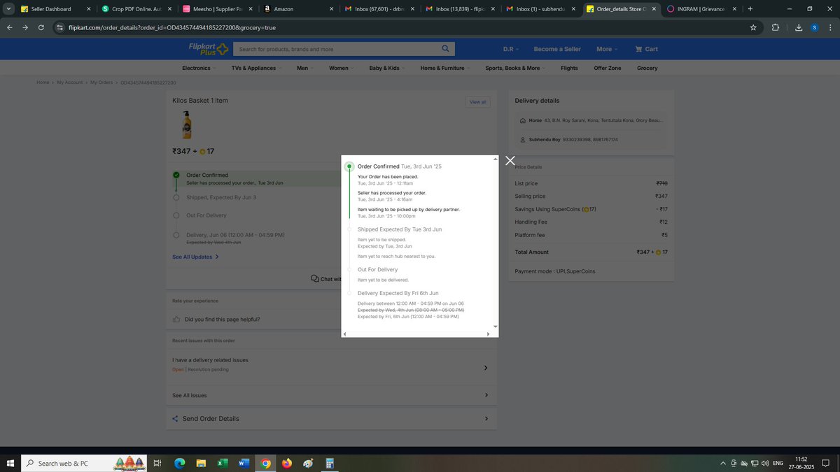 subhendur1991's tweet photo. Order ID- OD434574494185227200 order date 02nd June 2025, delivery promise date 03rd June 2025 but till today 27th June 2025 order not delivered. Many time complain raise ticket create but no resolution provided. Support team not work properly.  @flipkartsupport @Flipkart https://t.co/sFhBdSMnaa