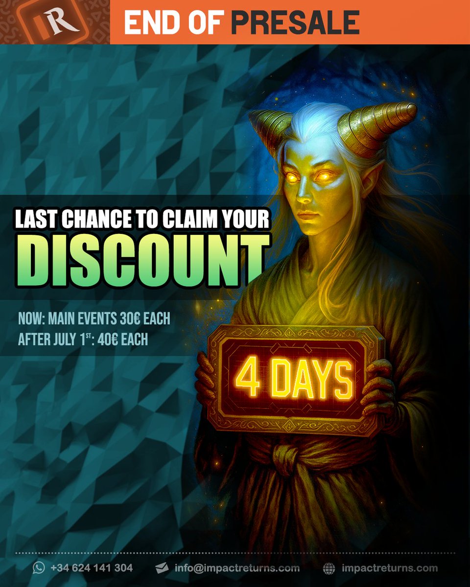 🇪🇸 Recuerda que el descuento y sorteo solo duran hasta fin de mes!
🇬🇧 Remember that the discount and raffle are only active during this month!

↘️ Apuntate en nuestra web: impactreturns.com/inscripciones

#MTGModern
#Impact2025
#MTGLegacy
#ImpactxUG
#MTGSpain
#ELM2025
#SLN2025